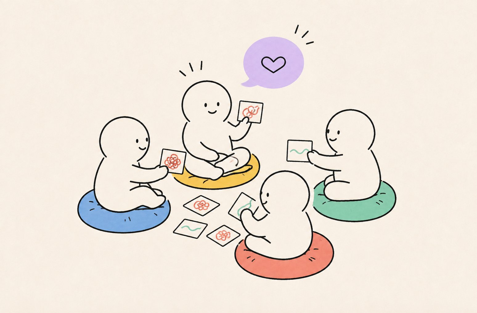 A small circle of mascots on cushions, passing cards and talking a hard moment through together