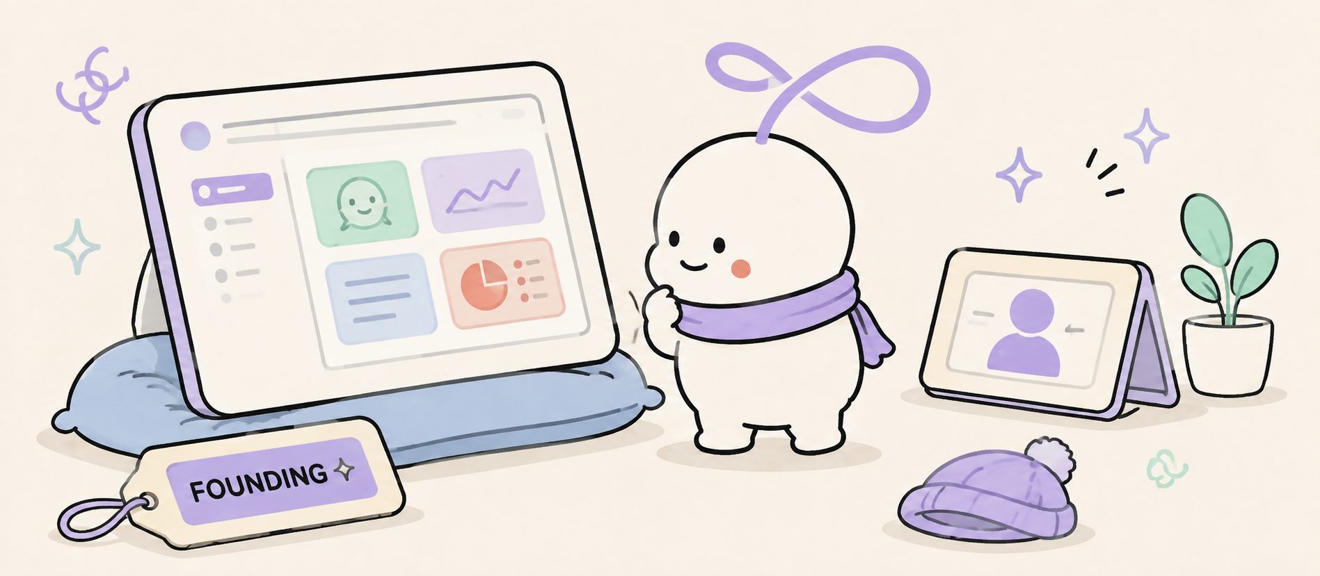 The mascot among its founding-access unlocks: a FOUNDING tag, a username sign, a dashboard screen, a scarf and a bobble hat
