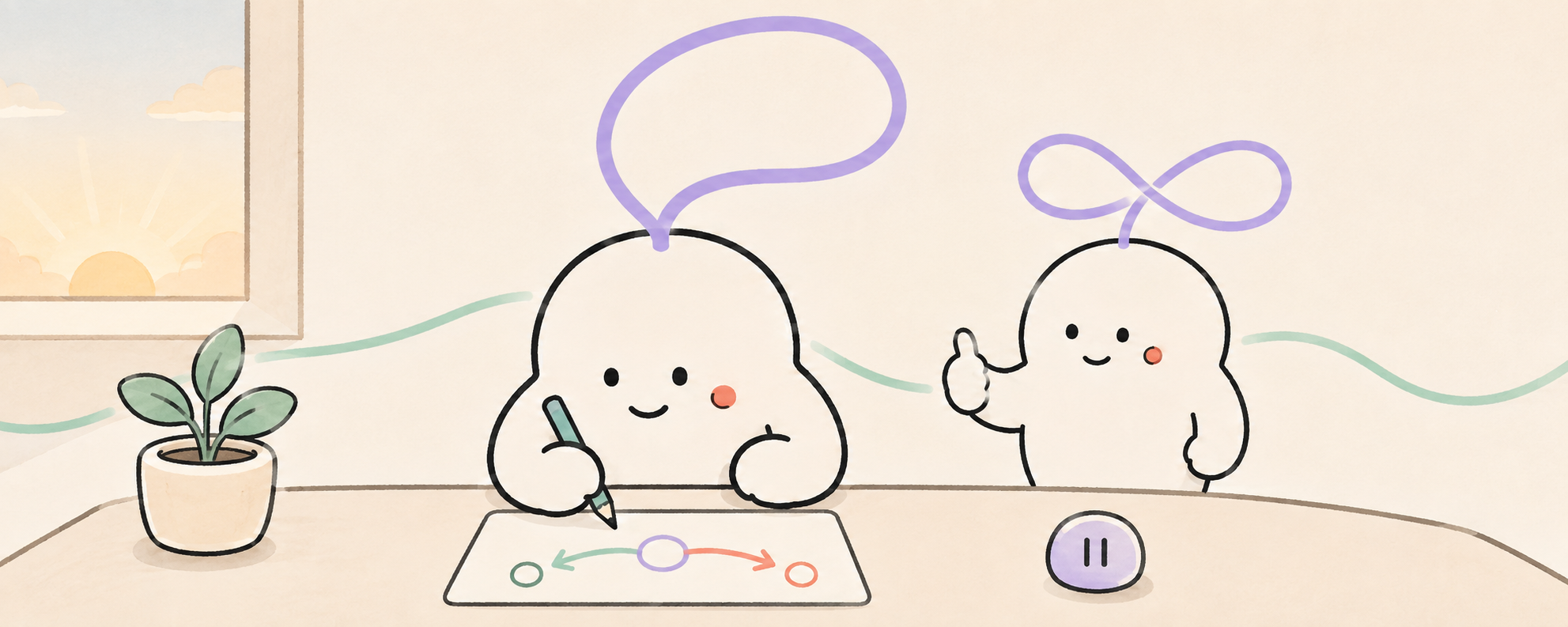 Two mascots at a dawn desk: one drawing a loss-to-recovery path on a card, one giving a thumbs up